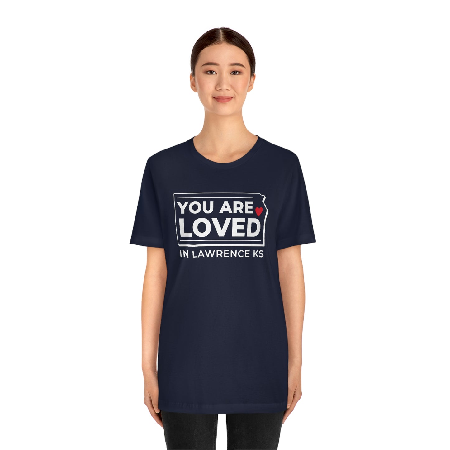 "YOU ARE LOVED ❤️ in Lawrence KS" T-Shirt  [NAVY BLUE]